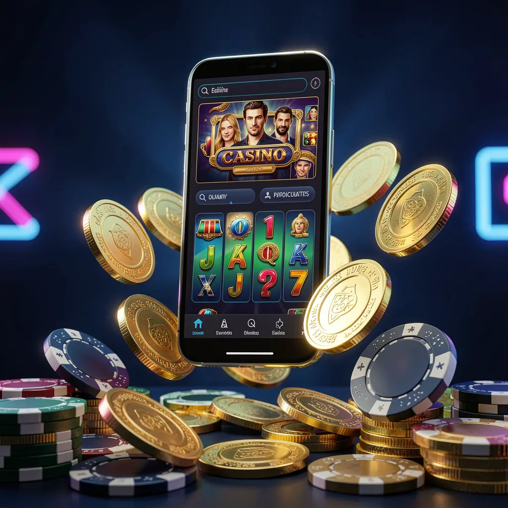 TKNN online casino app promotion banner featuring a phone floating above golden coins and poker chips with a dark blue and black background and cinematic neon glow in a realistic 3D render