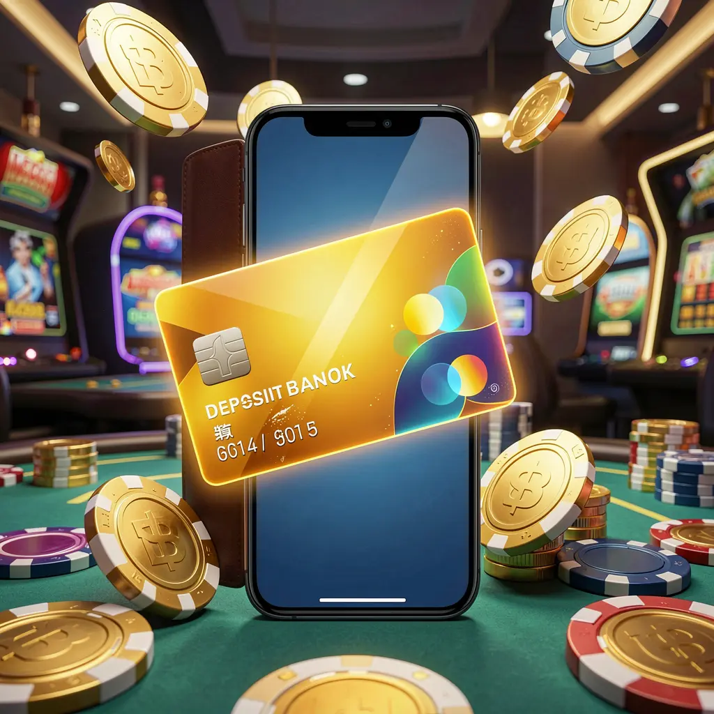 TKNN deposit bonus concept featuring a smartphone wallet with a glowing payment card, surrounded by golden coins and poker chips in a modern mobile casino style