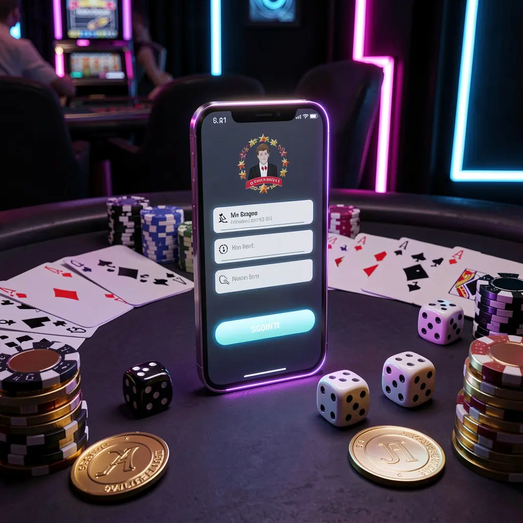 TKNN casino account sign in scene with a glowing smartphone on a casino table surrounded by cards, chips, dice, and gold coins against an elegant dark background with neon highlights