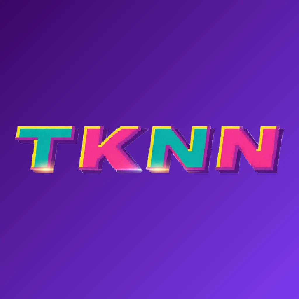 Bold arcade-style logo for TKNN featuring chunky retro typography in bright pink, turquoise, yellow, and purple colors, creating a vibrant gaming atmosphere on a transparent background with a wide horizontal rectangular wordmark design