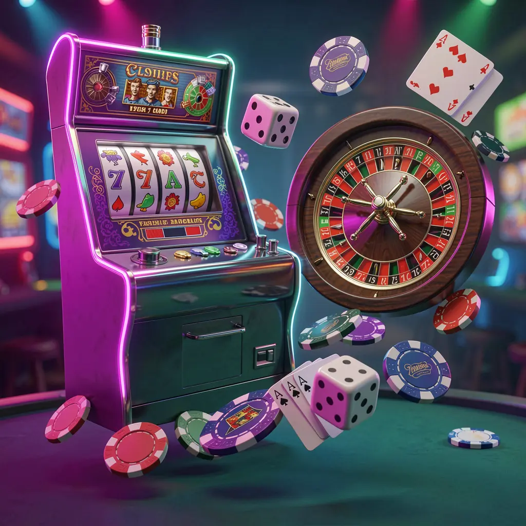 TKNN casino games collection homepage visual featuring a slot machine, roulette wheel, dice, playing cards, and poker chips floating together with colorful neon lights in a premium 3D render